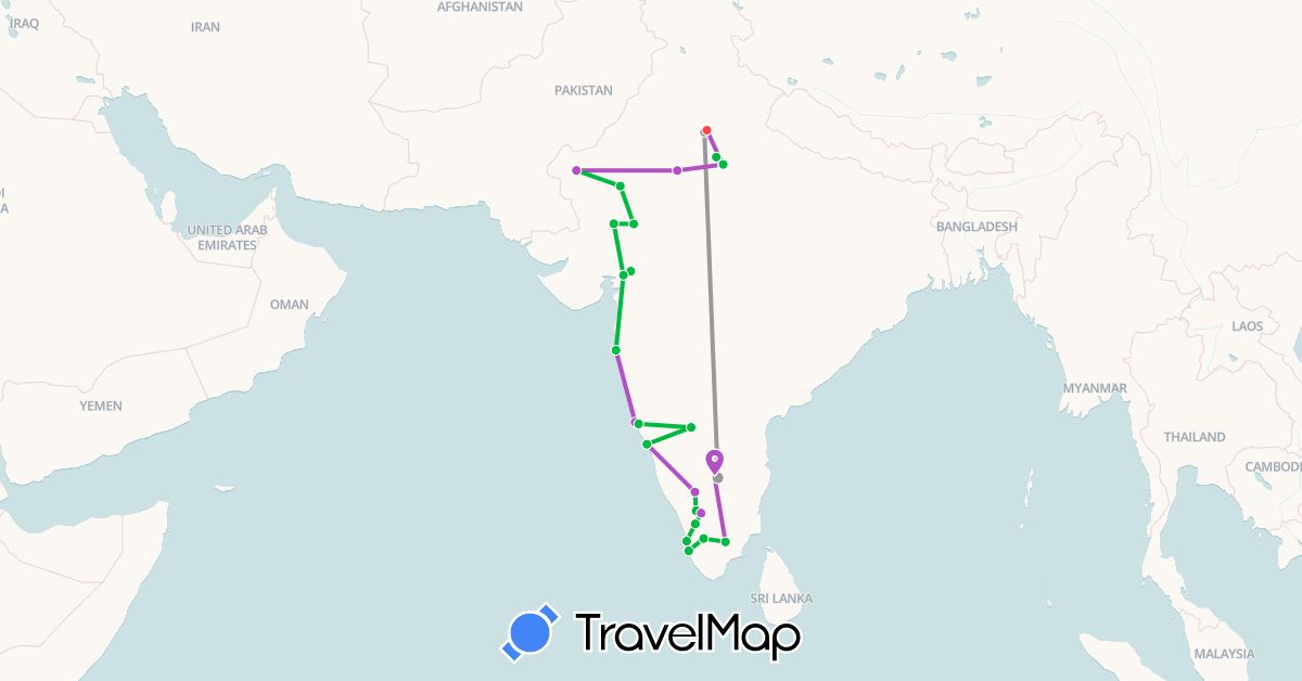 TravelMap itinerary: bus, plane, train, hiking in India (Asia)